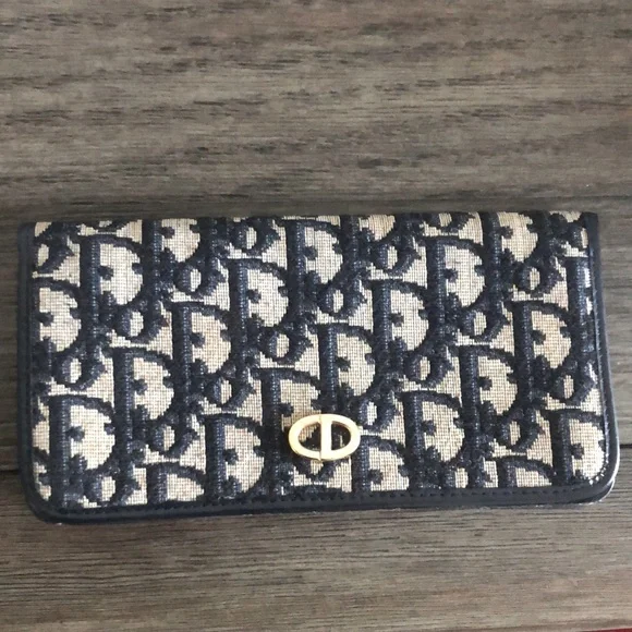 [Dior] Rare Authentic Trotter Long Canvas w/ Leather Navy Blue Signature Wallet - Picture 2 of 16